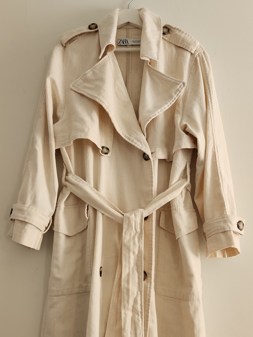 Zara Cream Long Cream Trench Coat with Belt